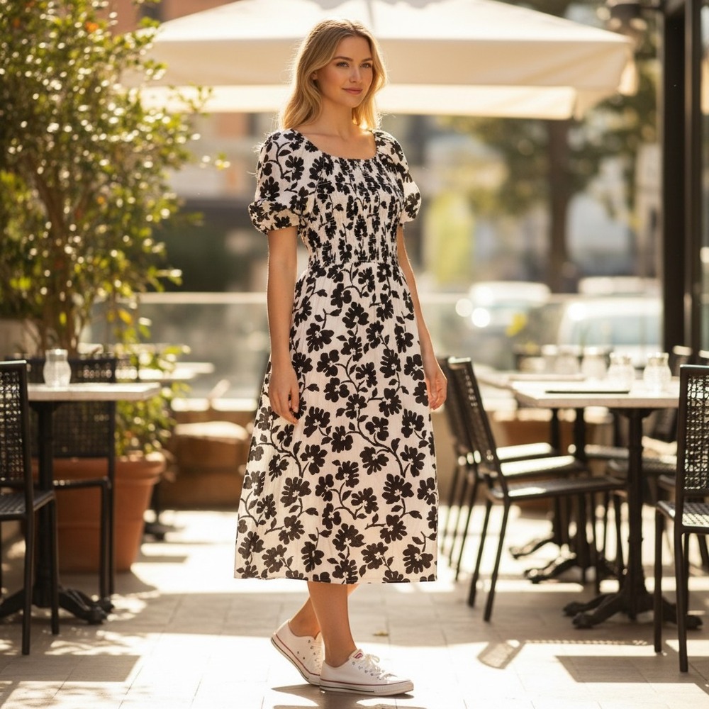 Polagram Midi Dress Women's XL Black White Floral Smocked Puff Sleeve